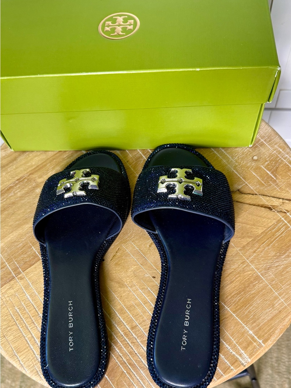 BNWB!! Tory Burch Everly Navy Crystal Slides - Size 6